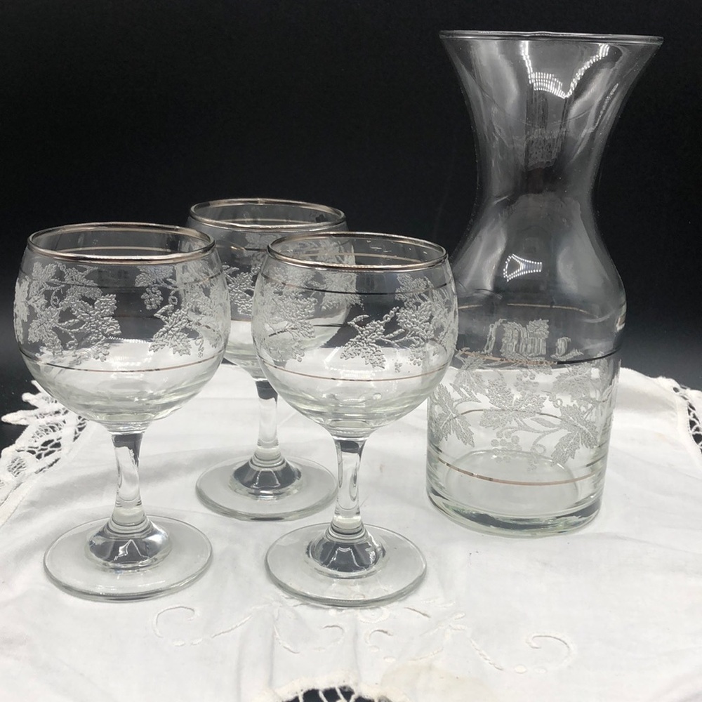 Vintage Glass Decanter and 3 Wine Glasses with Grape Motif and Silver Accents